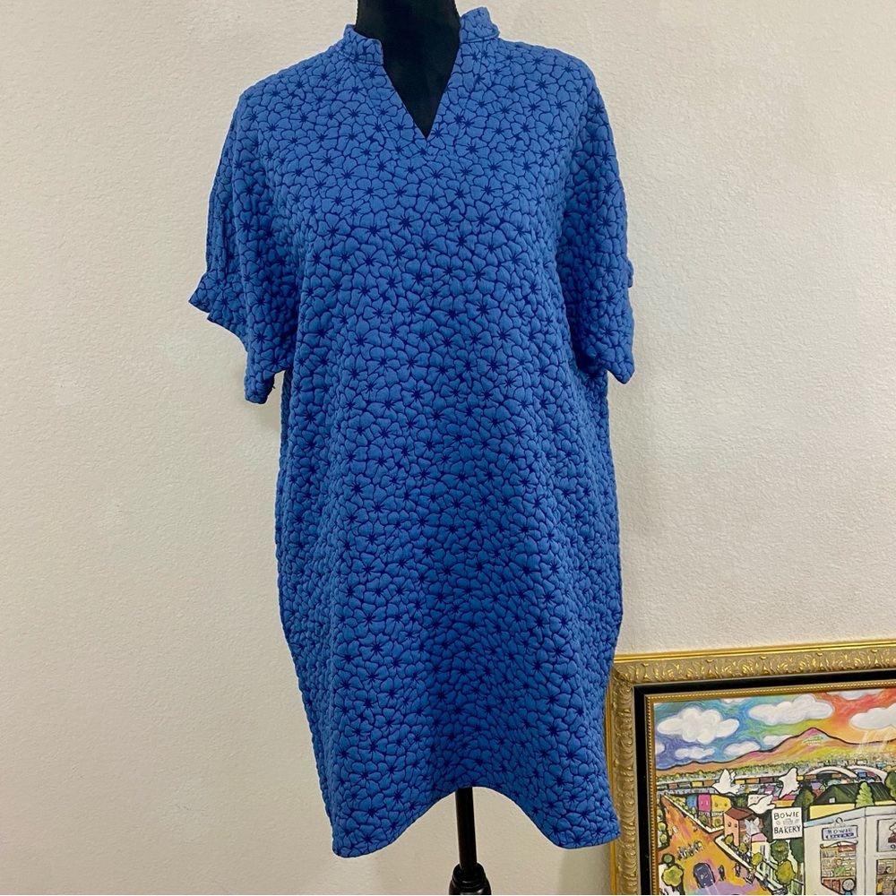 Caryn Lawn‎ Blue Textured Short Sleeve Dress